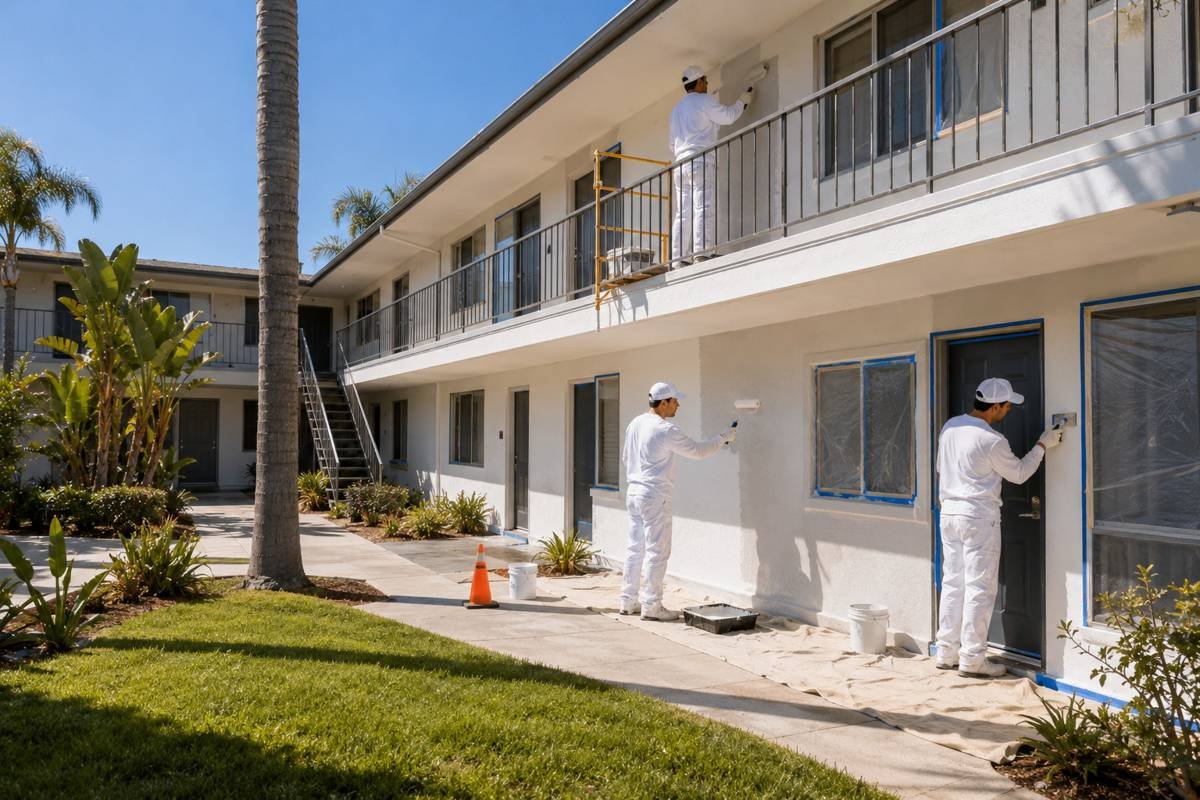 Balcony railings, unit doors and stucco being repainted on a two-storey property in Bel Air, CA