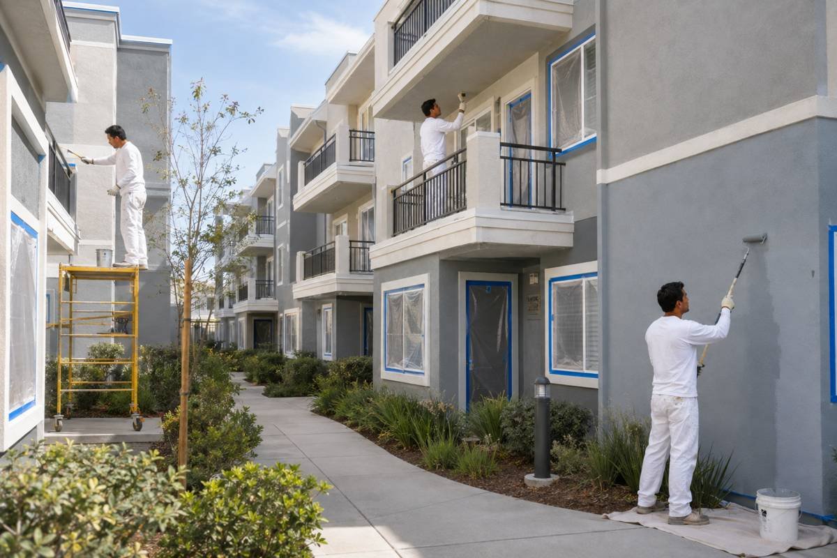 Multi-unit residential exteriors being repainted from a stair and the ground in Santa Monica, CA