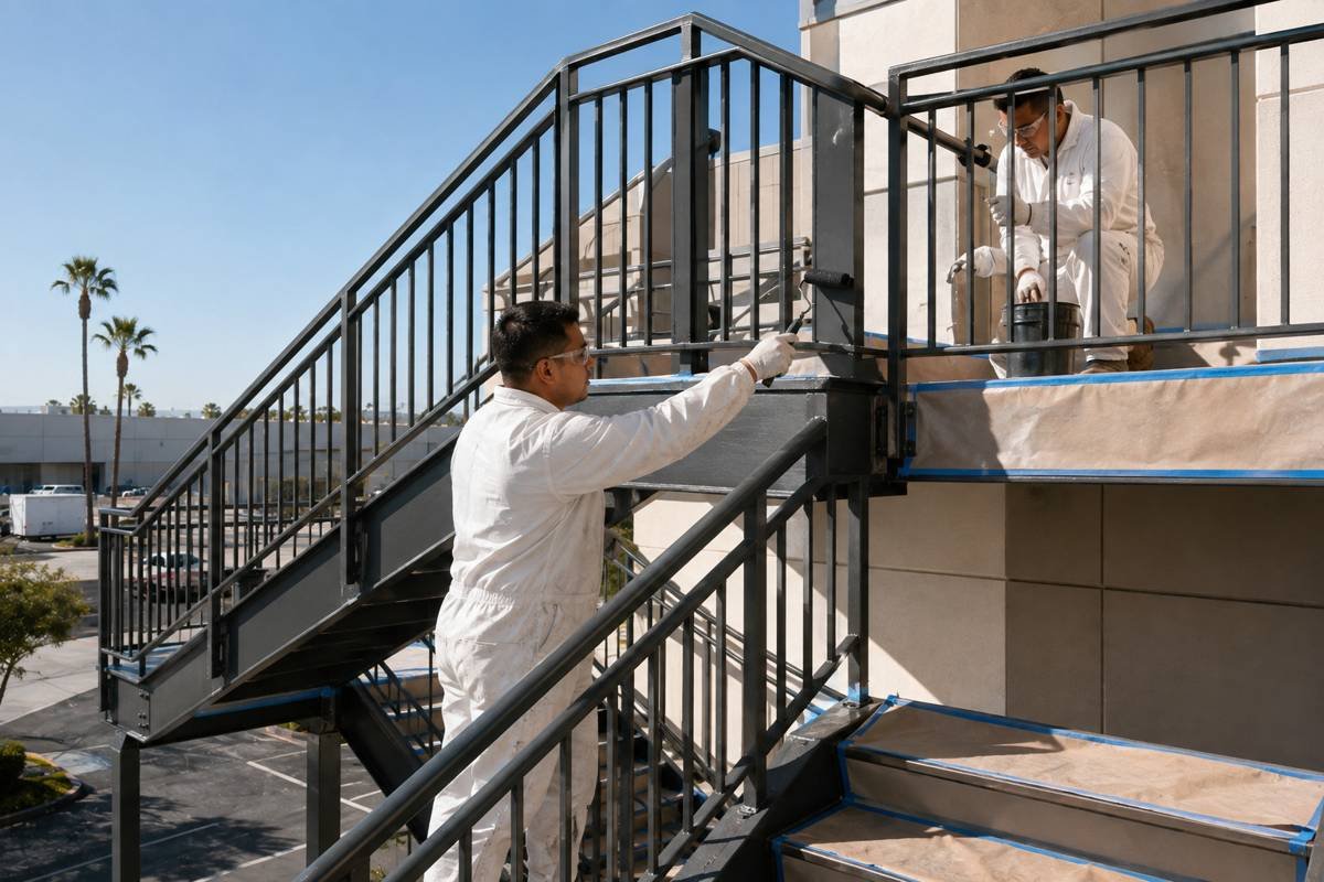 Painters coating an exterior steel stair tower and landing at a Santa Monica, CA property