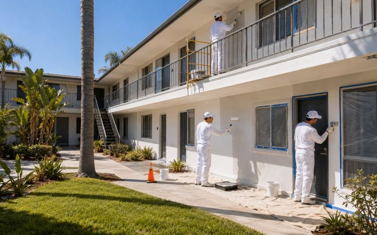 Two-storey apartment courtyard being repainted in Santa Monica, CA