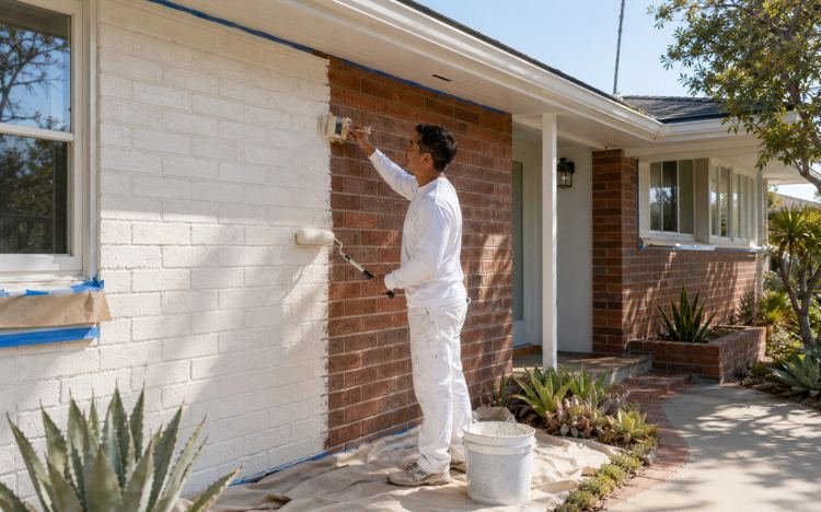 Painter rolling a coating onto an exterior brick wall in Santa Monica, CA