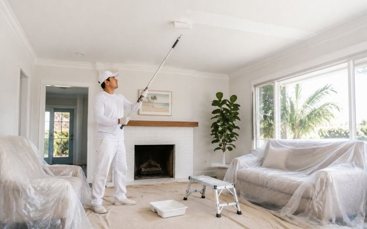 Painter rolling a living room ceiling with an extension pole in Santa Monica, CA