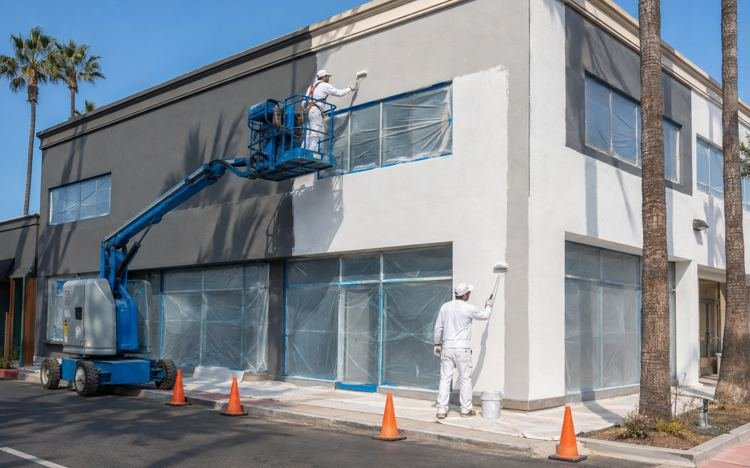 Commercial building exterior being repainted from a boom lift in Santa Monica, CA