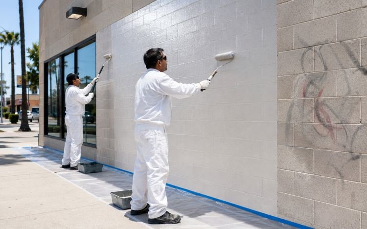 Exterior block wall of a commercial property being recoated in Santa Monica, CA