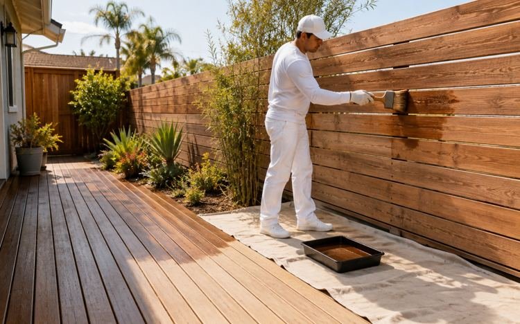 Horizontal wood fence being stained beside a deck in Santa Monica, CA