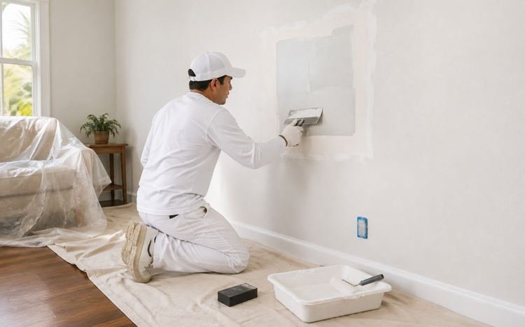 Drywall patch being skim coated in a Santa Monica, CA home