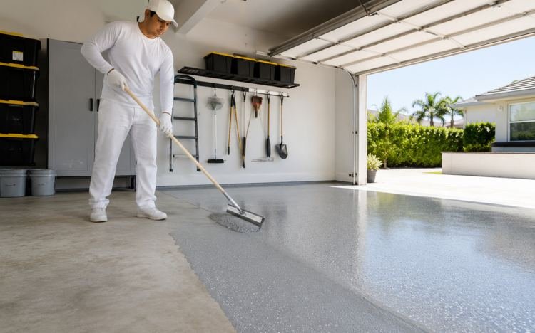 Epoxy coating being rolled onto a garage floor in Santa Monica, CA