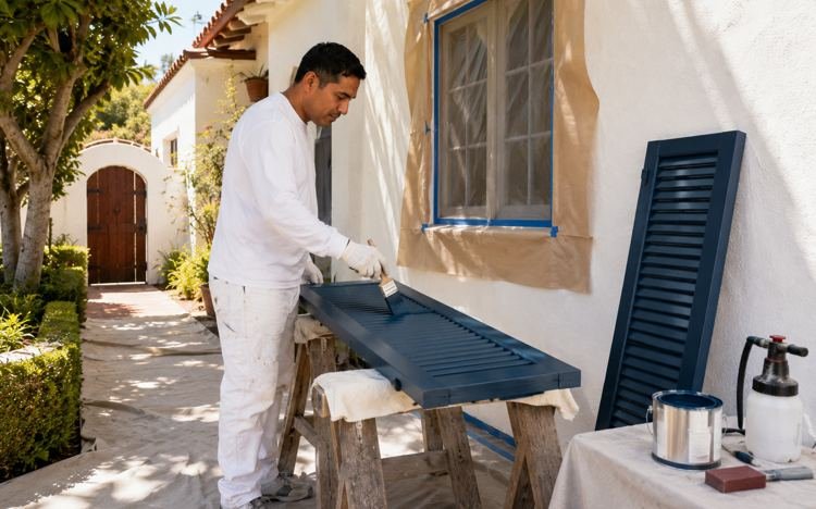 Wood shutters being repainted on sawhorses outside a Spanish house in Santa Monica, CA