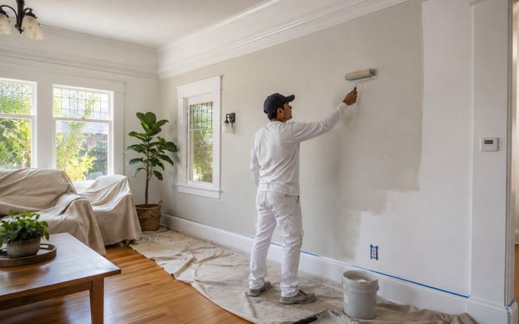 Painter rolling an interior wall in a Santa Monica, CA home
