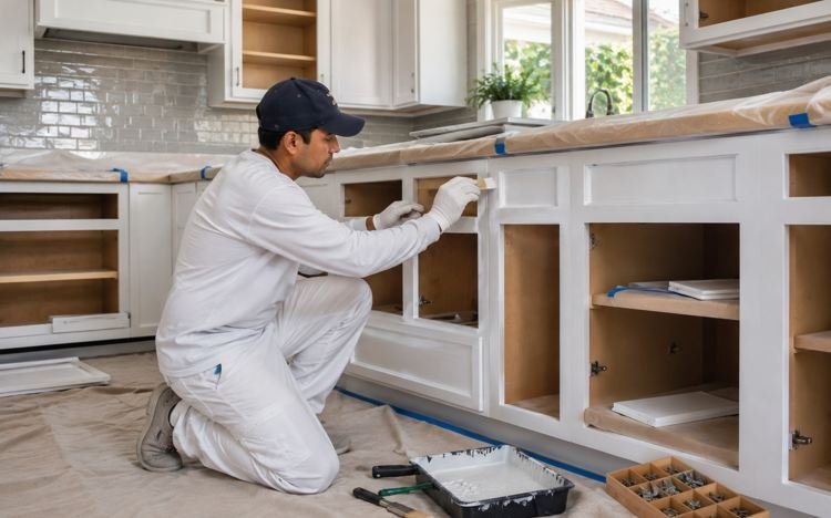 Kitchen cabinet boxes being painted in place with the doors removed in Santa Monica, CA