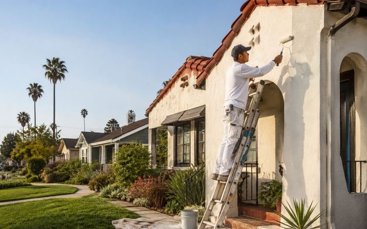 Painter on a ladder coating a Spanish Colonial stucco exterior in Santa Monica, CA