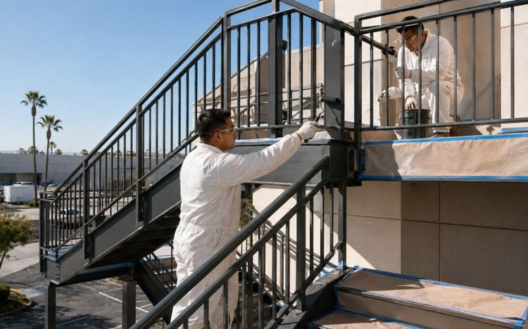 Painters coating an exterior steel stairway in Santa Monica, CA
