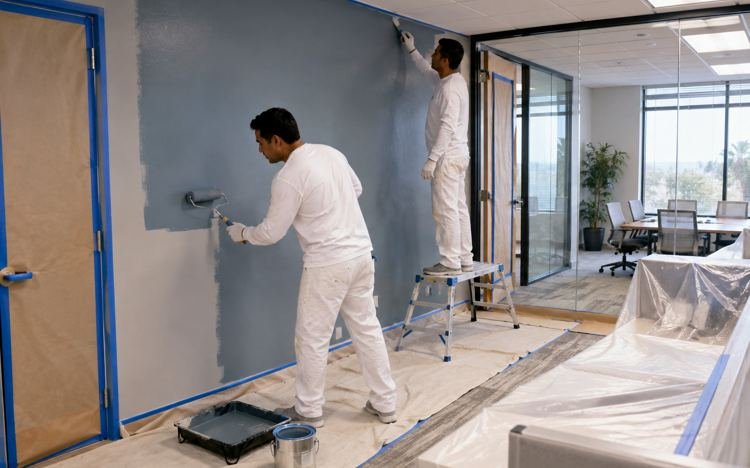 Painter rolling a wall in a glass-partitioned office in Santa Monica, CA
