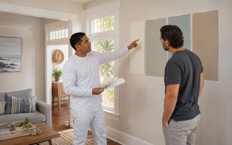 Painter reviewing finish sample boards with a client in Santa Monica, CA