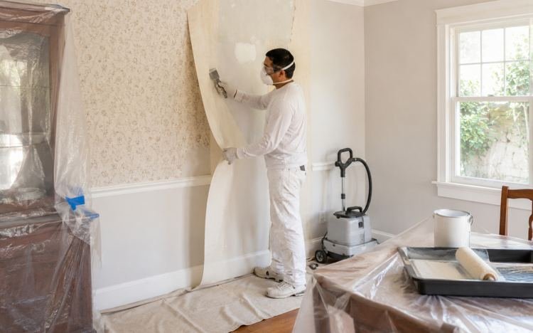 Wallpaper being steamed and stripped in a Santa Monica, CA home