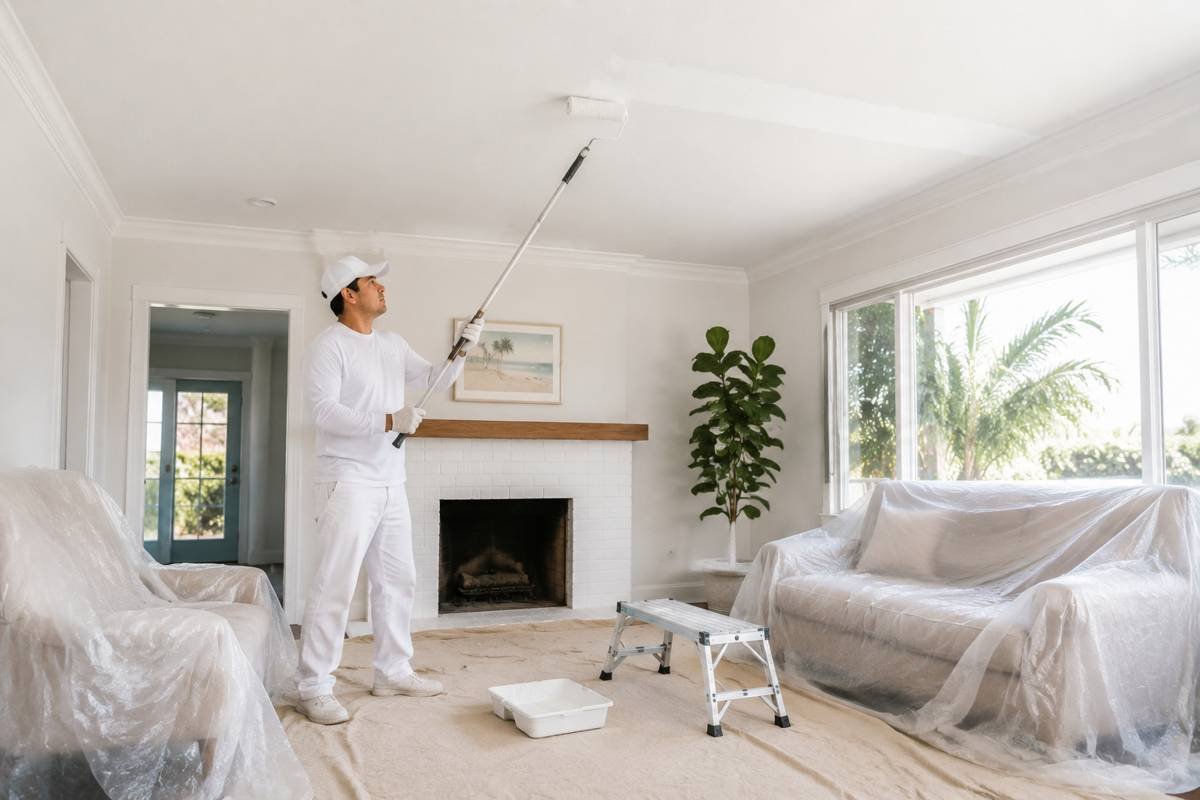 Ceiling being rolled after repair in a Santa Monica, CA home