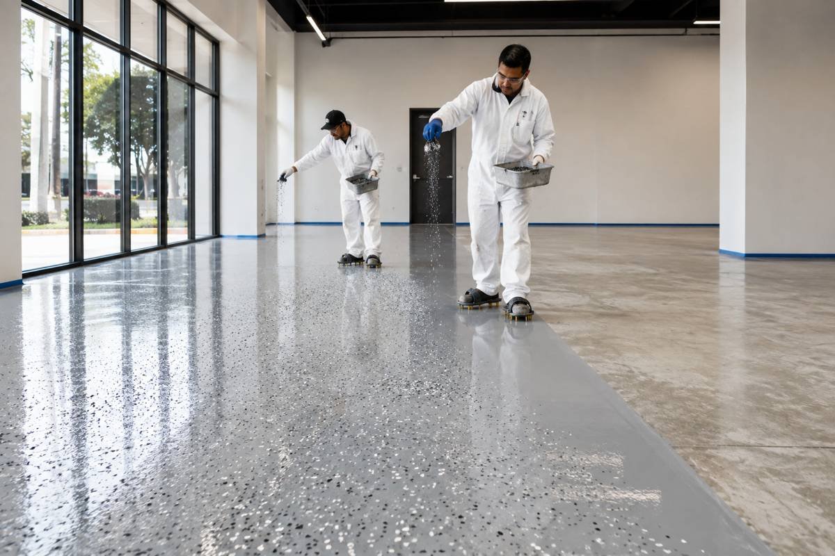 Resinous floor coating being applied in a commercial interior in Santa Monica, CA