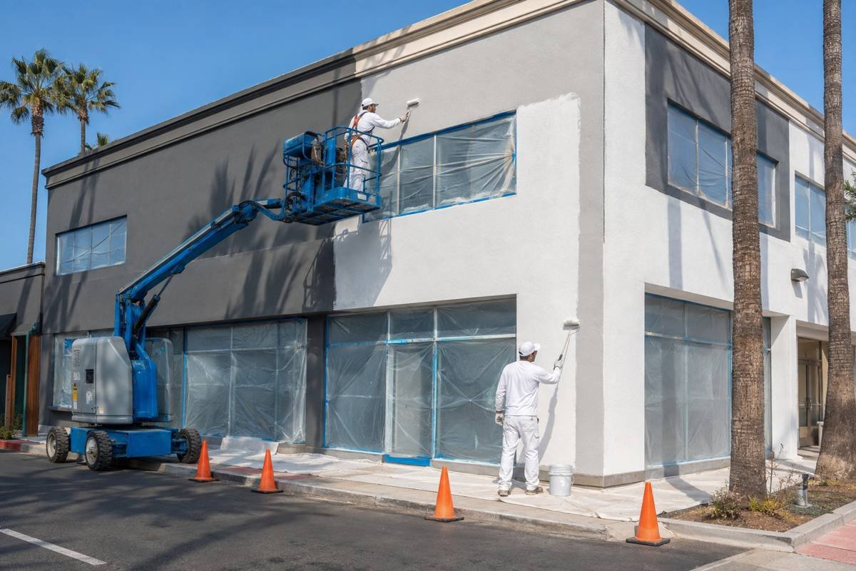 Commercial building exterior painting on a multi-storey property in Santa Monica, CA