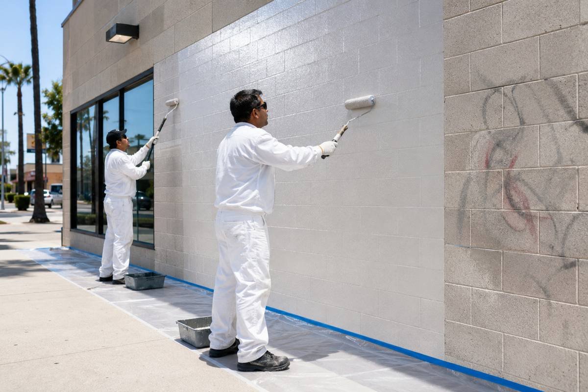 Exterior block wall of a commercial property being recoated in Santa Monica, CA