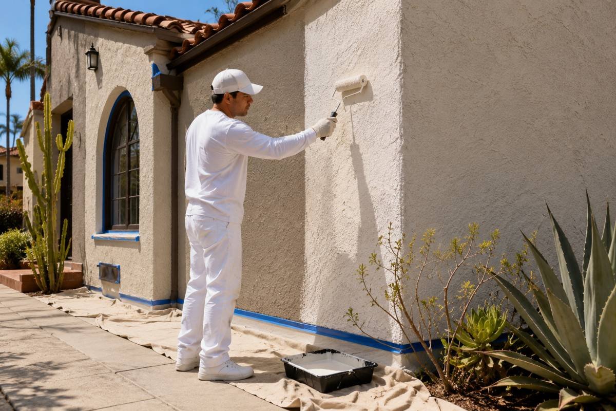 Spanish Colonial stucco exterior being repainted in Bel Air, CA