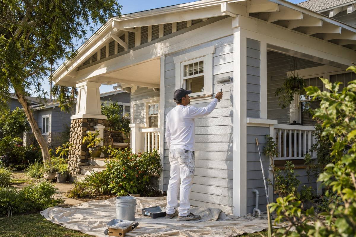 Painter brushing an exterior wall by hand on a Manhattan Beach, CA home