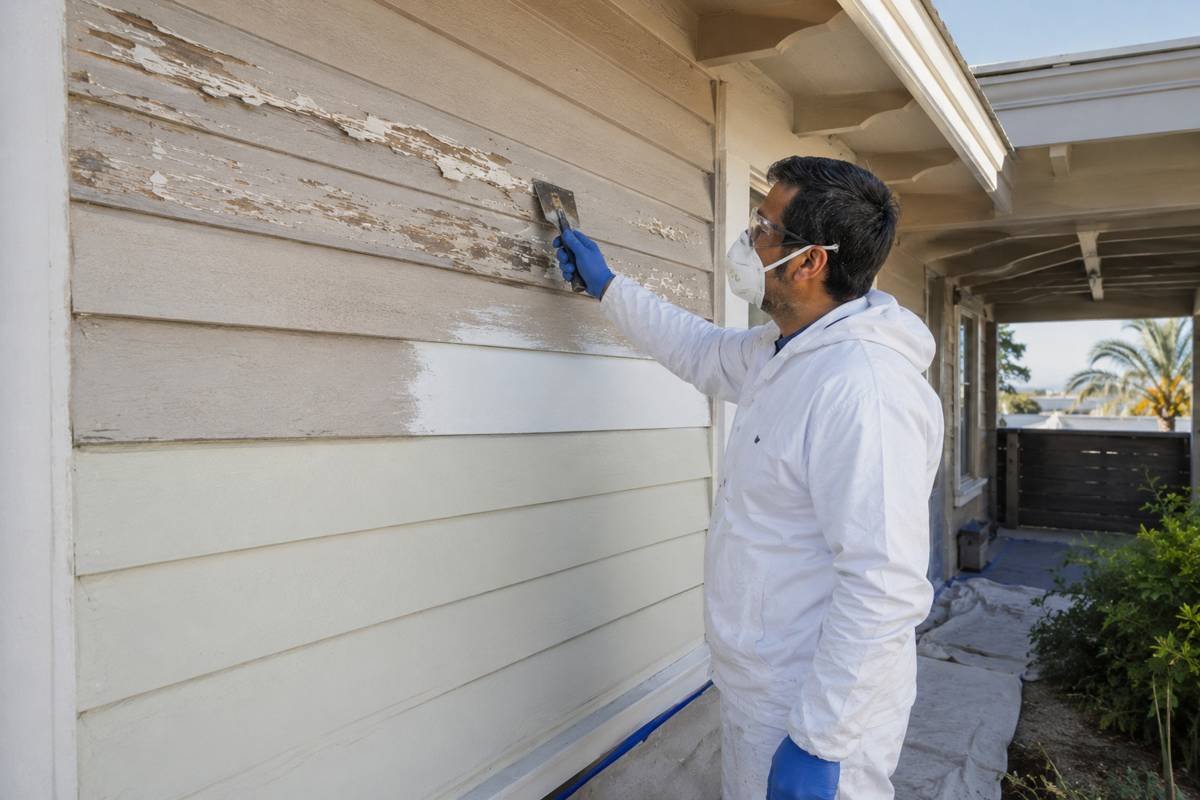 Painter preparing an exterior surface before recoating in Santa Monica, CA