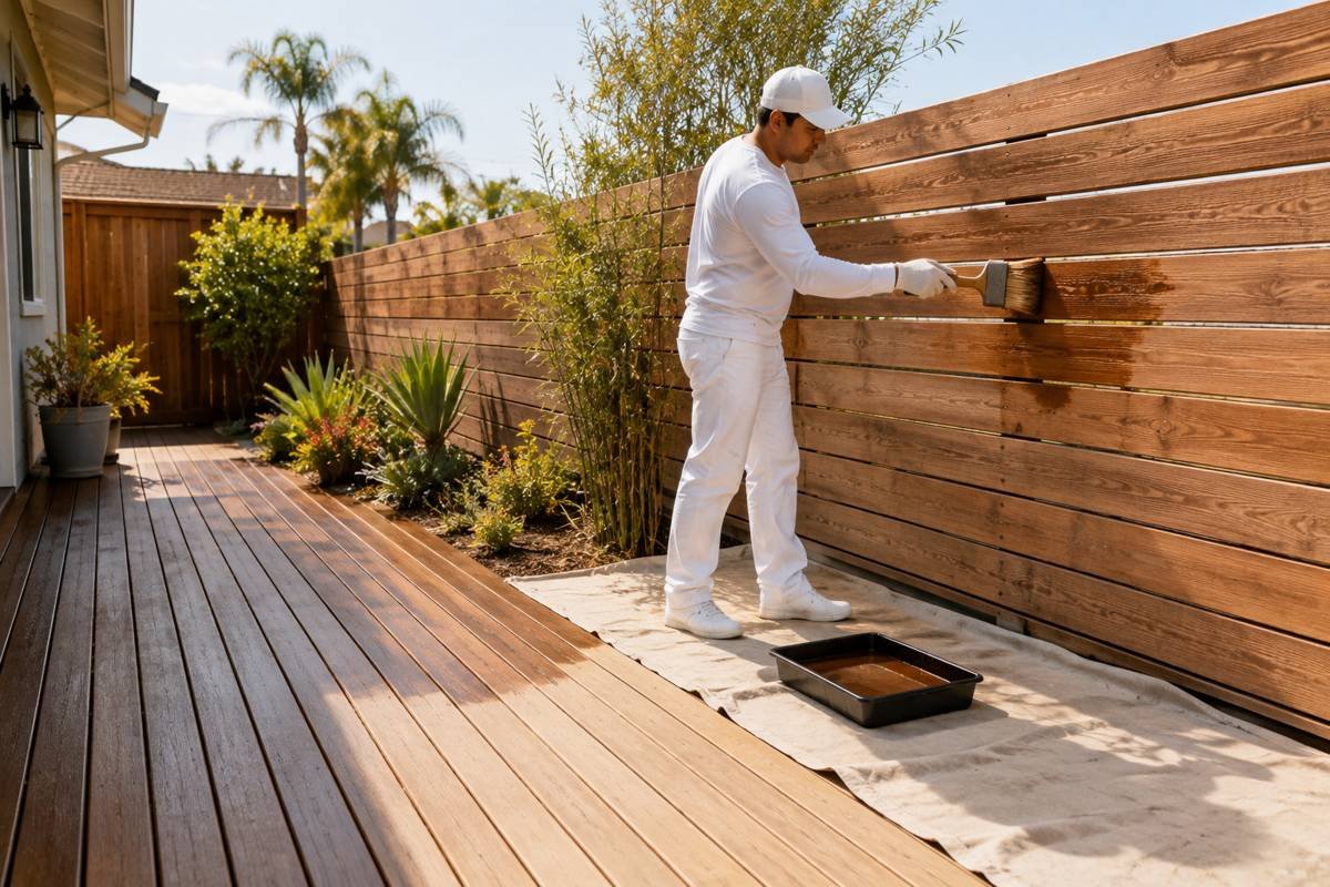 Wood fence being coated in Rolling Hills, CA