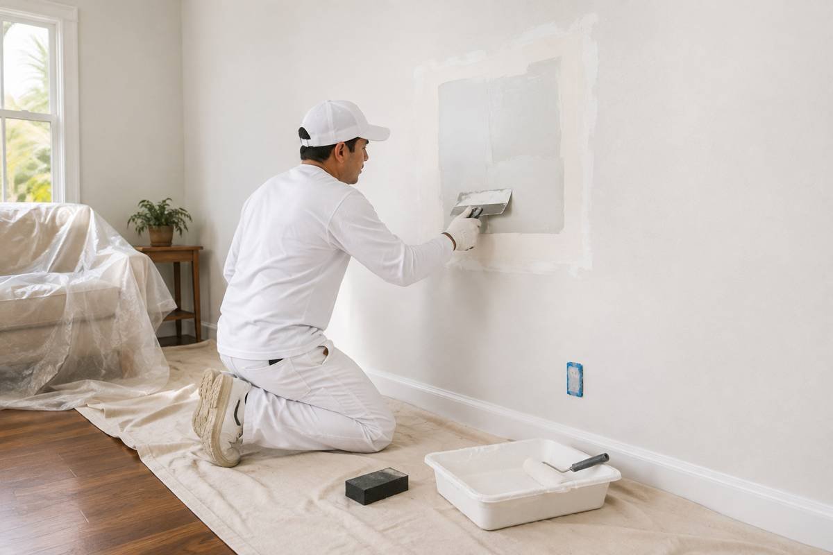 Skim coat being applied to a wall before a specialty finish in Santa Monica, CA