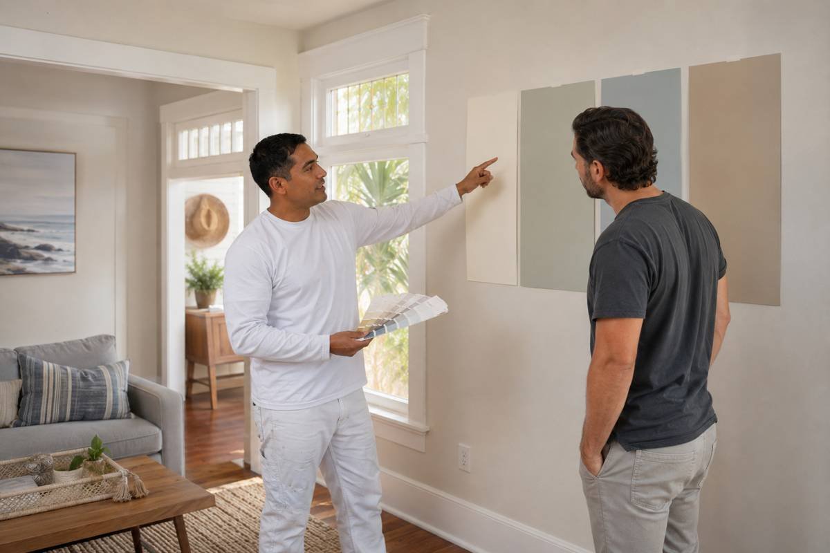 Colour sample boards being reviewed with a client before a masonry finish in Santa Monica, CA
