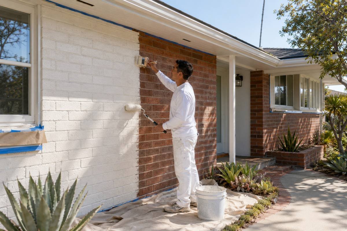 Mineral coating being rolled onto an exterior brick wall in Santa Monica, CA