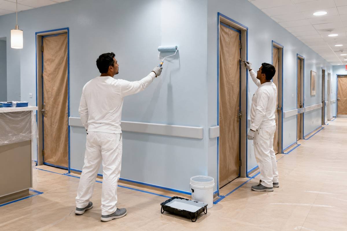 Two painters rolling an office corridor after hours in Santa Monica, CA