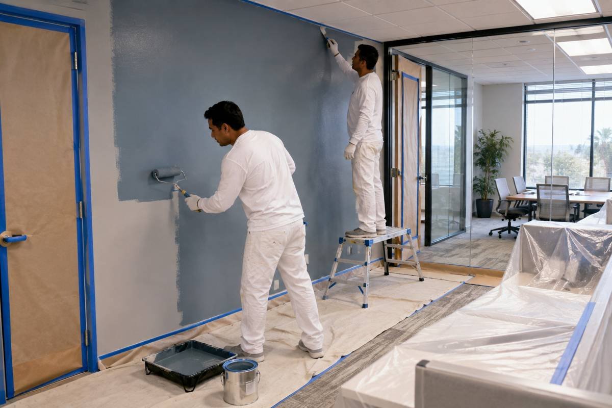 Painter rolling a wall in an office suite with glass partitions in Santa Monica, CA