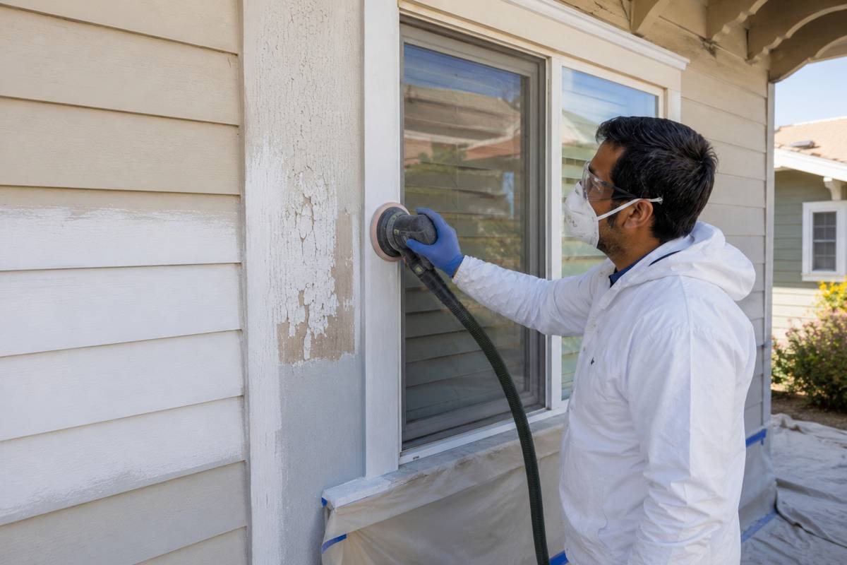 Failing paint being sanded from wood trim with dust extraction in Manhattan Beach, CA