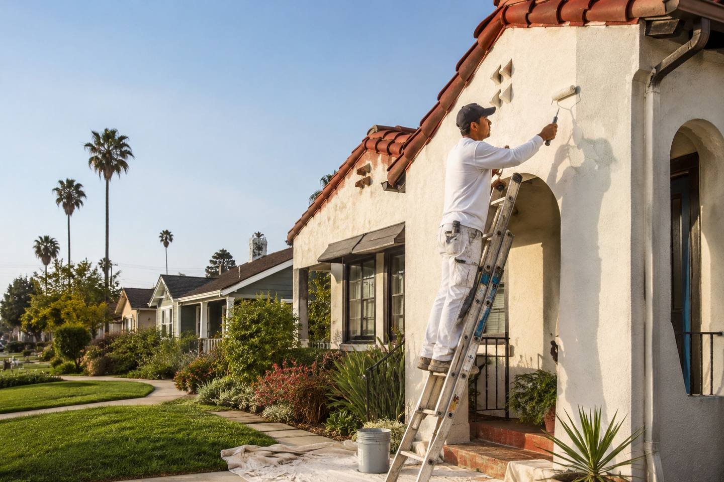 Painter coating a Spanish Colonial stucco exterior from a ladder in Santa Monica, CA