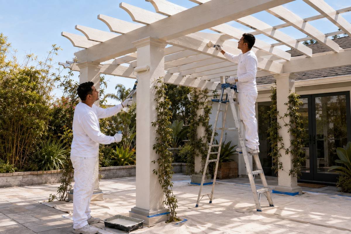 Painter on a ladder coating a white pergola at a Santa Monica, CA home