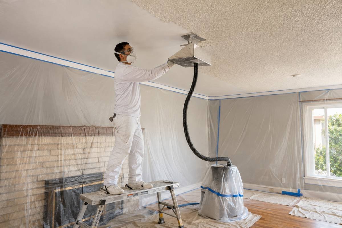 Popcorn ceiling texture being scraped back in a Santa Monica, CA home