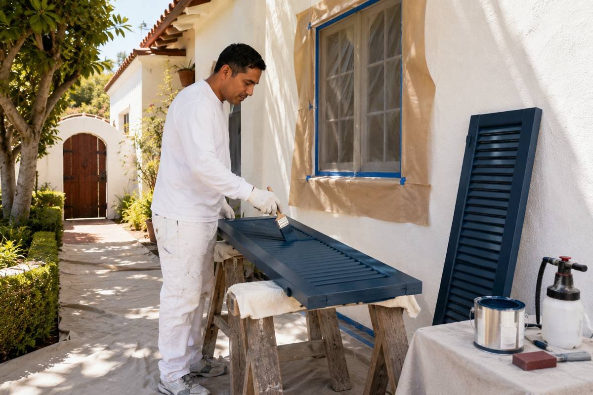 Wood shutters being prepared and repainted in Palos Verdes Estates, CA
