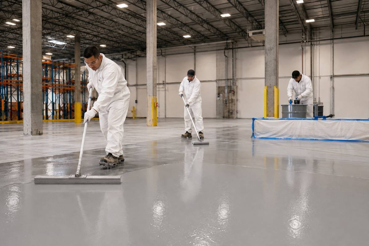 Warehouse floor coating being spread by squeegee in Santa Monica, CA